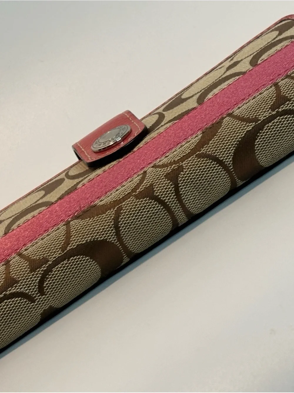 COACH ($229) Legacy Signature Zip-Around Wallet in Tan Canvas with Berry Accents